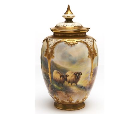 A Royal Worcester pot pourri jar and cover, 1921,&nbsp;painted by Harry Davis, signed, with sheep on a hillside, 18.5cm h, pu