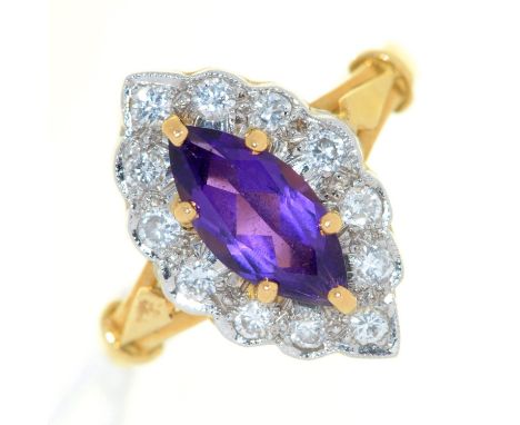 An amethyst and diamond navette cluster ring,&nbsp; in 18ct gold, London 1991, 4.7g, size M  Good condition