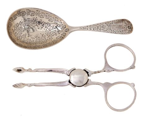 A Victorian silver caddy spoon, the fig shaped bowl engraved with bird and foliage, 93mm l, by Holland, Aldwinckle &amp; Slat