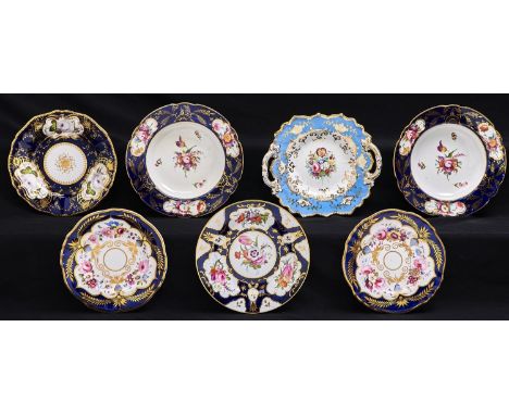 Two and two pairs of Coalport and contemporary English porcelain cobalt ground plates and stands and a sky blue ground two ha