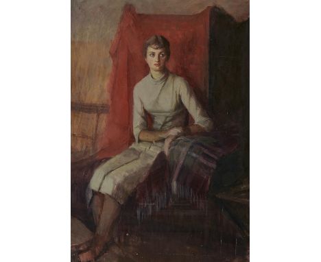 British School - Portrait Study of a Woman in White, oil on board, 52.5 x 36.5cm  Good condition