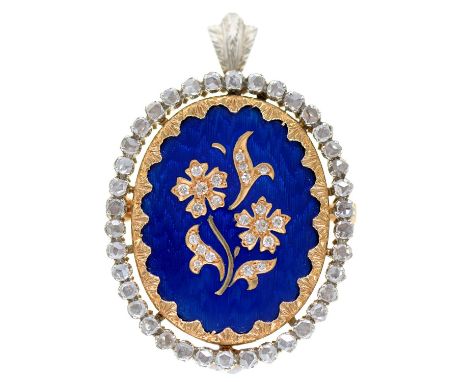 A diamond and blue guilloche enamel and two colour gold brooch-pendant, 41mm, marked 750, 16.8g  Good condition