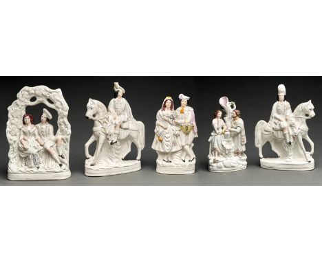 Five Staffordshire flatback groups and equestrian figures, including a pair, 19th c, 38cm h and smaller  Woman of Samaria in 