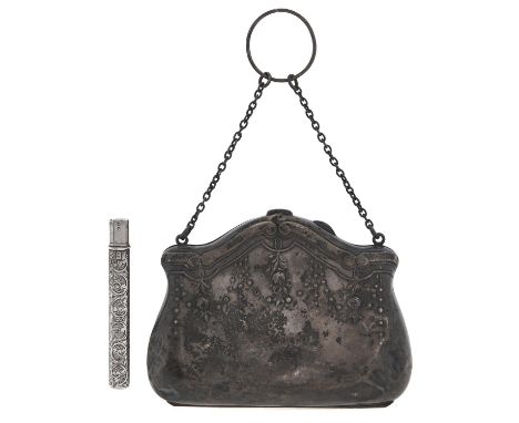 A George V silver purse, embossed with festoons, chain handle and finger ring, 12cm l, by J &amp; R Griffin, Chester 1912 and