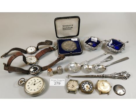 Bag of oddments to include, silver Military style and other watches, silver medallion Hants County Council Poultry Appliance 