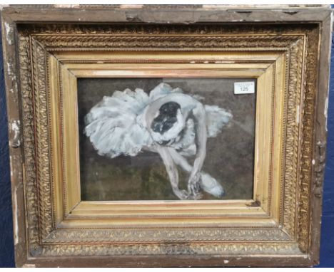 After Degas, portrait of a stretching ballet dancer, oils on board. 24x34cm approx. 19th century glazed heavy gilt frame.  (B
