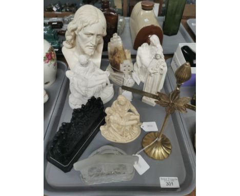 Tray of ecclesiastical and religious artefacts to include: bust of Jesus Christ, various figure groups, The Last Supper sculp