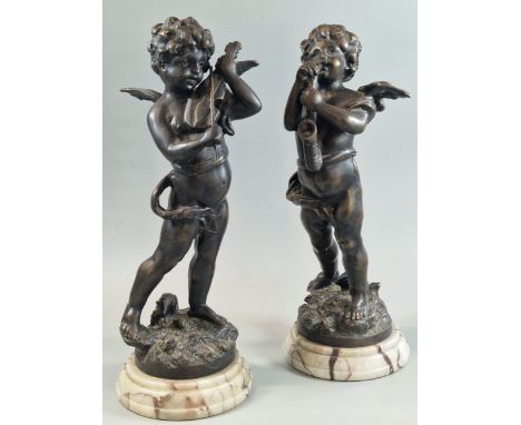 After Moreau, pair of bronze musical cherub figurines, playing the saxophone and violin, on veined marble bases. Signed to th