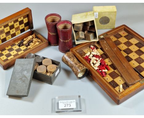 Collection of vintage miniature board games to include: chess, draughts pieces, dice and dice shakers etc.  (B.P. 21% + VAT)