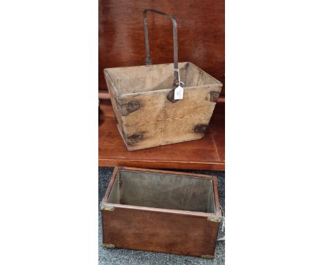 Vintage pine and metal banded trug with swing handle, together with a leather and brass banded two handled planter, with armo
