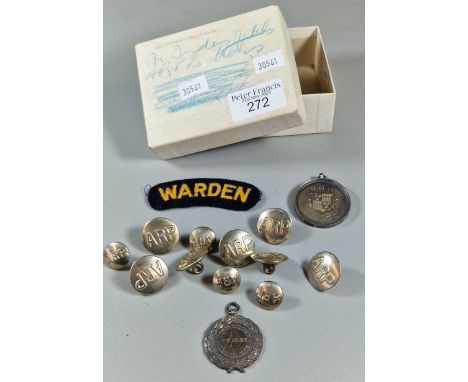 Collection of ARP badges together with a 'Warden' badge and two silver fobs/medallions, both appearing to be for athletics.  