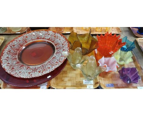 Collection of mid century and later handkerchief vases, together with two large red and ruby ground centre bowls. (3) (B.P. 2