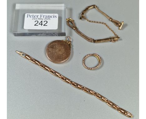 9ct gold back and front circular locket with suspension loop, together with some yellow metal jewellery to include: watch str