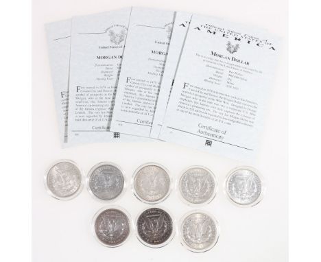 Eight United States of America Morgan dollars 1879, 1883, 1892, 1899, 1901 and 1921 x 3, six with Westminster Mint certificat