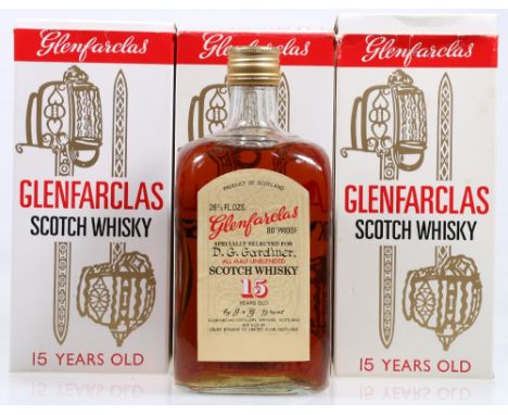GLENFARCLAS 15 year old all malt scotch whisky specially selected for D G Gardiner, 26 2/3fl oz, 80% proof, boxed and two add