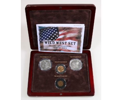 The London Mint Office Wild West set of four comprising gold five dollar 1881, Morgan dollar 1878, Indian Head cent 1888 and 