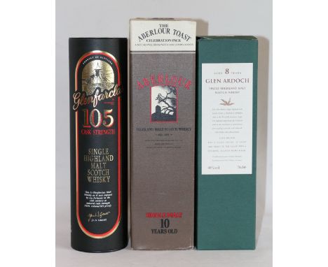 GLENFARCLAS 105 cask strength Speyside Single Malt Scotch Whisky 70cl, 60% vol. or 105° proof, boxed; ABERLOUR 10 year old Sp