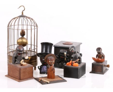 French automaton bird cage clock, 21cm and six carved wood hand operated automata possibly Kobe Toys of Japan CONDITION REPOR