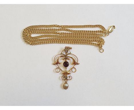Edwardian 9ct gold pendant set with seed pearls, a circular amethyst stone and mother of pearl drop on a later 9ct gold chain