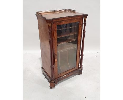 Late Victorian walnut music cabinet with half galleried back with marquetry inlaid decoration, turned column pilasters, with 