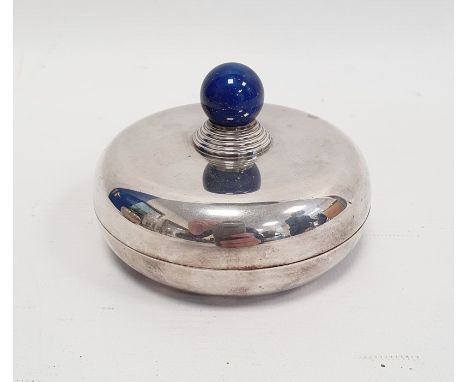 A 20th century silver coloured metal circular lidded trinket dish, with lapis lazuli style circular finial, marked to base Fr