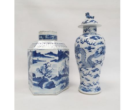 Chinese porcelain hexagonal jar and cover, underglaze blue decoration of lakeside landscape scenes, figures on bridges, 26cm 