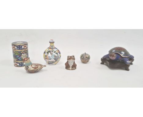 Chinese cloisonné&nbsp;enamel cylindrical box, blue ground and three-compartmented, 7cm high, three Chinese cloisonné&nbsp;en