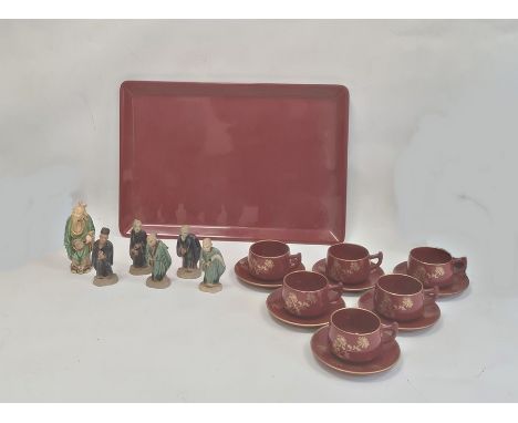 Collection of six Chinese partly glazed stoneware figures, various sizes and a&nbsp;Japanese lacquer coffee service in red an
