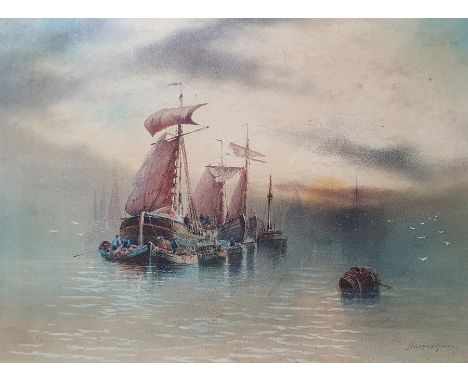 Garman Morris (act 1900-1930) Watercolour drawing"On...e Scheldt", moored fishing boats at dusk unloading the catch to rowing