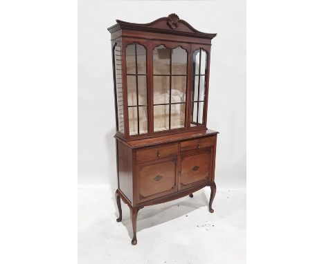 20th century mahogany display cabinet with astragal glazed door above two drawers, two cupboard doors, on cabriole legs, 99cm