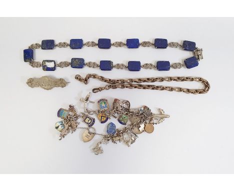 Necklace comprising of alternate rectangular lapis lazuli and marcasite links, a Victorian silver-coloured souvenir brooch en