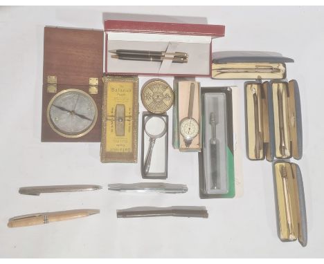 A Sheaffer box biro and pencil set, Parker biro, four 'Yard-O-Led', cased compass, 'For 50 years Calendar 1993- 2042'. a Stes