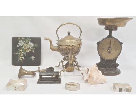 Late Victorian Arts and Crafts style brass spirit kettle with stand and burner, set of Salters cast iron and brass mounted ki
