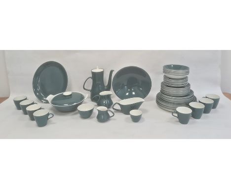 Teal, blue and white Poole pottery part dinner/coffee service, mainly for six, to include:- dinner plates, bowls, covered tur