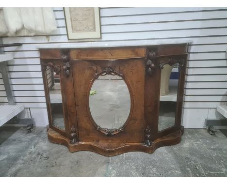 Victorian marble-topped walnut side cabinet, serpentine fronted with mirrored door, 136cm wide