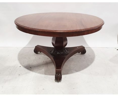 Victorian mahogany circular breakfast table with moulded edge, faceted column to triform base, carved feet, 128cm wide