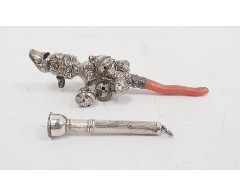 Georgian silver baby's rattle and whistle with coral teether, 14cm and a silver scarf spike, Birmingham, makers WM.Ld, 0.3ozt