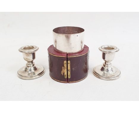 Pair of 1980's silver-mounted squat candlestick holders on circular bases, Birmingham 1984, marked 'Filled', maker Douglas Pe