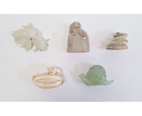 Netsuke in the form of a snake, signed netsuke in the form of mouse on corn cob, carved stone seal, carved goldfish and a car