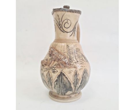 Hannah Barlow Doulton Lambeth salt glazed stoneware jug with silver hinged lid, sgraffito engraved and embossed with cat and 
