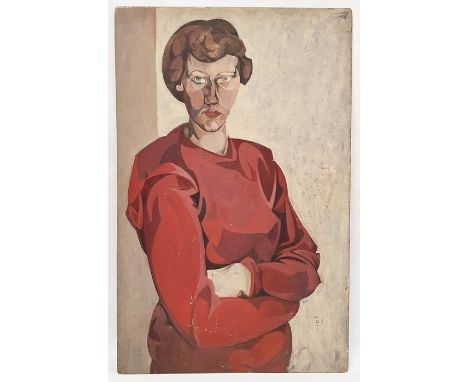 Reg Miller - British 20th centuryOil on boardHalf length portrait of a lady in a red dress, 82 x 52cm, together withReg Mille