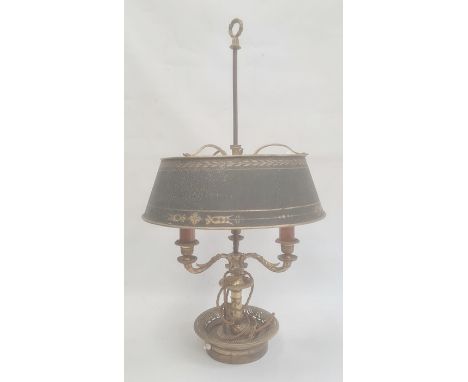 Brass embossed three light table lamp having three foliate applied scroll branches on candlestick base and the shade, 71cm hi