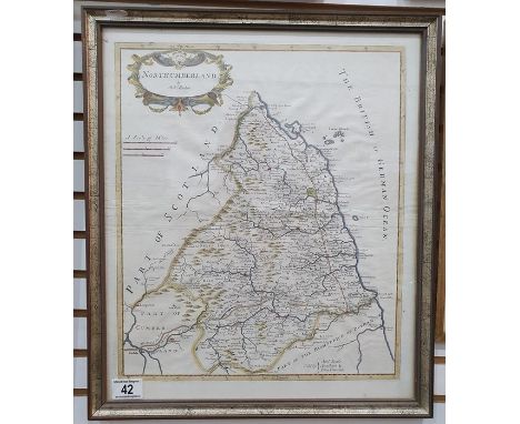 After Robert MordenHand-coloured map of Northumberland, 45cm x 38cm, an architectural engraving and a reproduction map (3) 
