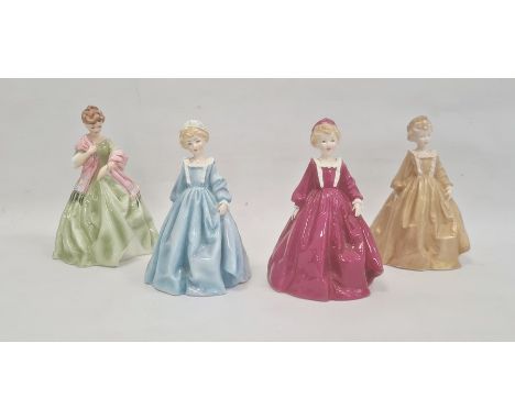 Three Royal Worcester Doughty figures 'Grandmother's Dress' in pink, blue and gold and Royal Worcester Doughty figure 'First 