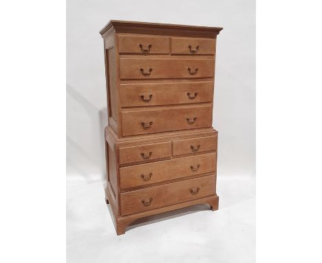 20th century oak chest on chest with moulded corners above two short over three long drawers, the base of two short over two 