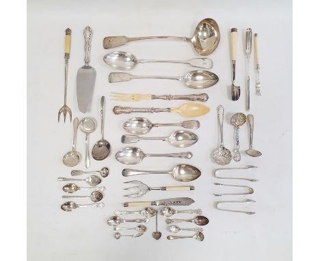 Pair of silver sugar tongs, various other silver teaspoons, a continental 800 standard ladle and various items of plate inclu