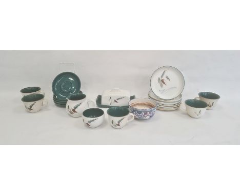 Poole pottery bluebird bowl with impressed mark to base and initialled 'FX', 13cm and a quantity of Denby 'Greenwheat' cups, 