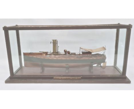 Wood and brass model of a picket boat, RN, having brass funnel and rudder, all in glazed wood case, 63cm wide x 29cm highCond
