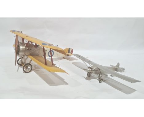 Model of a bi-plane,&nbsp;probably Sopwith Camel, painted wood and metal, wing span 74cm, and&nbsp;another smaller silver pai