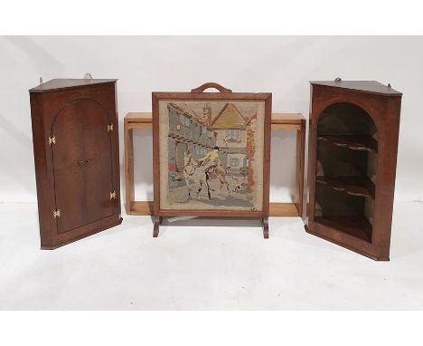 Pine two-tier rack, an oak-framed needlework firescreen, a 19th century wall-hanging corner cupboard, the arched top enclosin